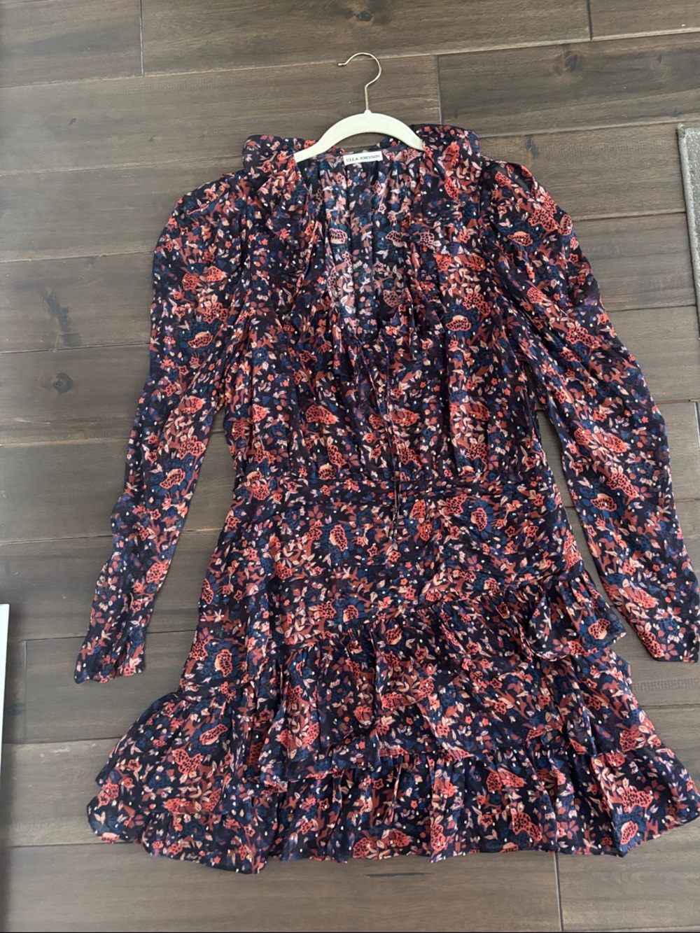 Ulla Johnson Navy Long-Sleeve Dress with Coral Rose Print